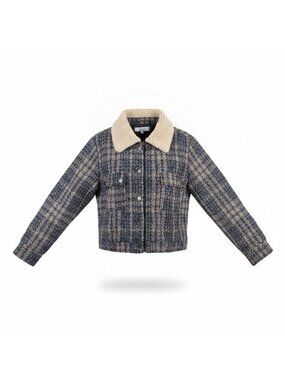Sweet Rain Womens Blue Plaid Sherpa Collar Jacket Size M